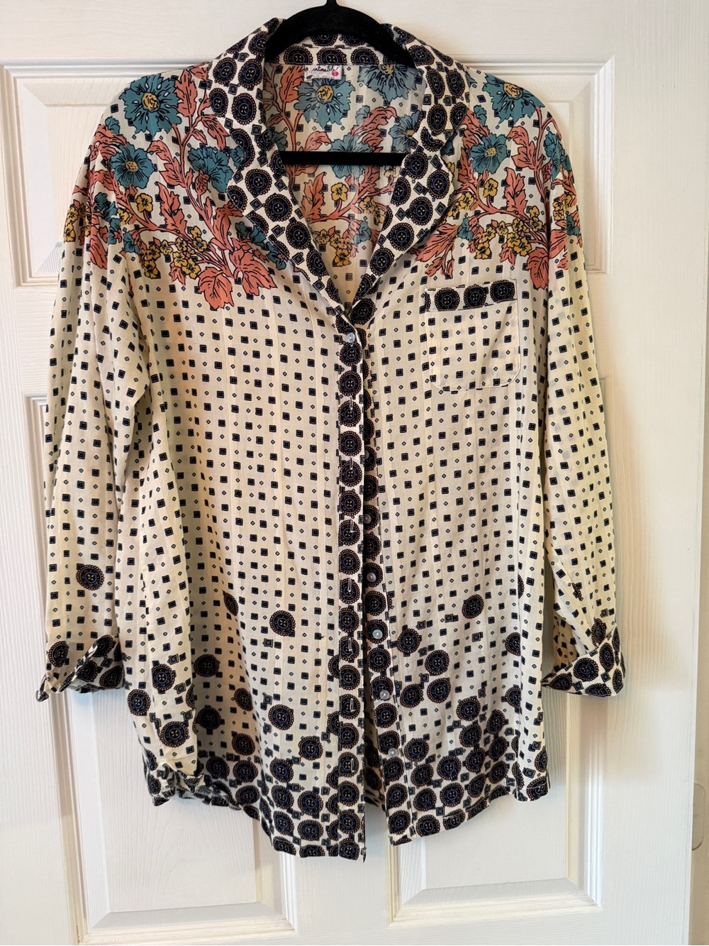 Free People Floral Yoke Button-Down Top in Cream, Teal, Coral